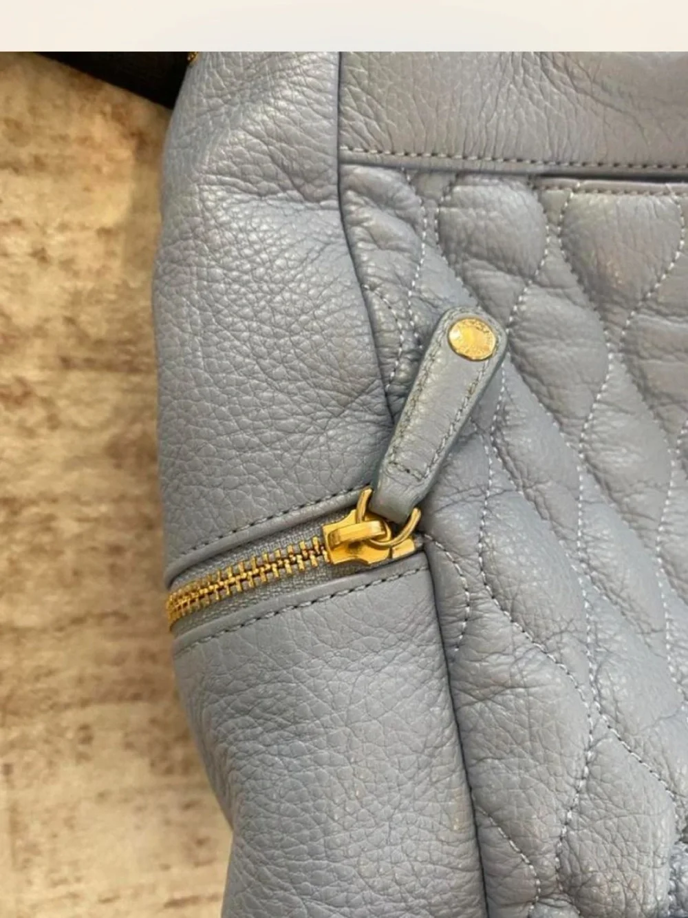 Vera Bradley Quilted Light Blue Leather Drawstring Backpack with Gold Accents